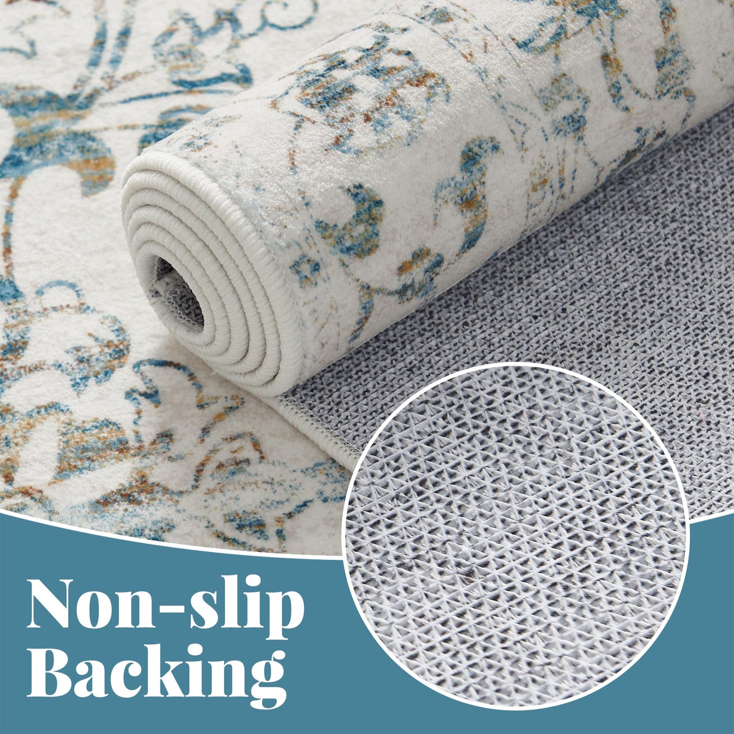 RUGKING Lake Blue Vintage Area Rug Floral Carpet Distressed Mat, Foldable Non Slip Accent Rug for Kitchen Living Room