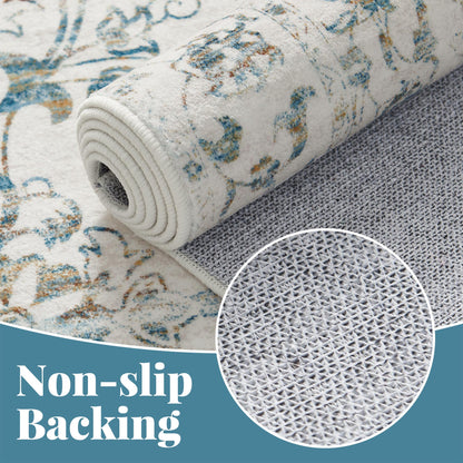 RUGKING Lake Blue Vintage Area Rug Floral Carpet Distressed Mat, Foldable Non Slip Accent Rug for Kitchen Living Room