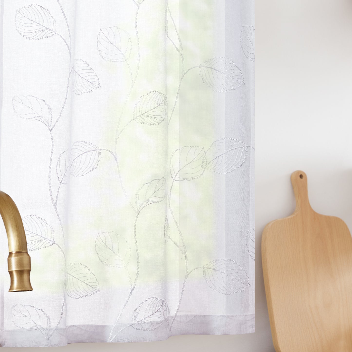 Curtainking Kitchen Curtains Leaf Embroidered Sheer Kitchen Windows Small Cafe Curtains Rod Pocket 2 Panels
