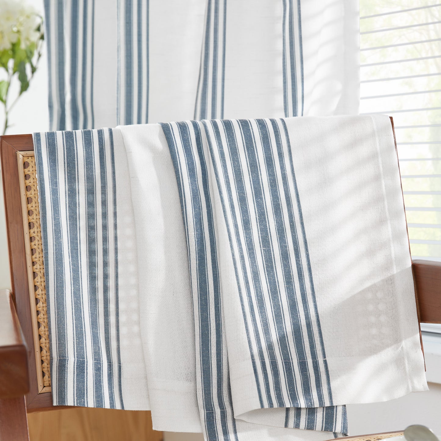 Curtainking Striped Linen Curtains Farmhouse Rustic Curtains for Living Room Semi Sheer Back Tab Light Filtering Coastal Drapes for Bedroom Window Curtain 2 Panels