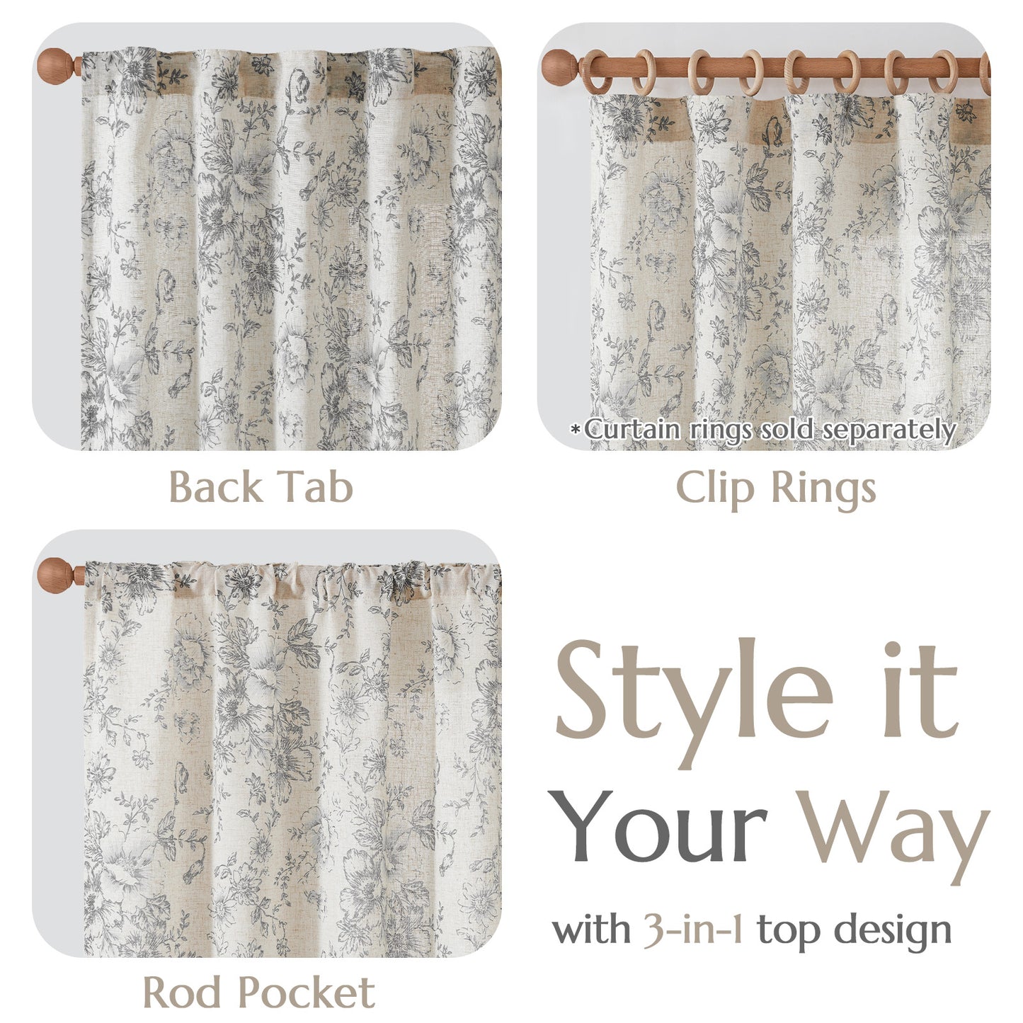 CURTAINKING Linen Curtains Floral Curtains for Living Room Curtains Rod Pocket Back Tab Farmhouse Peony Flower Patterned Drapes Bedroom Window Curtain Set 2 Panels