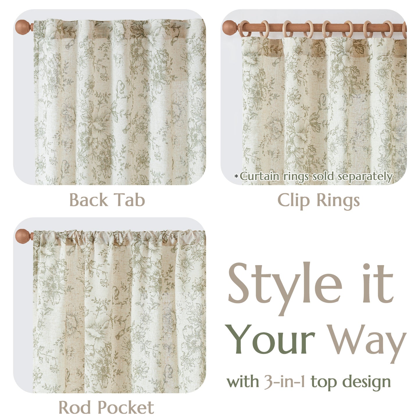 CURTAINKING Linen Curtains Floral Curtains for Living Room Curtains Rod Pocket Back Tab Farmhouse Peony Flower Patterned Drapes Bedroom Window Curtain Set 2 Panels