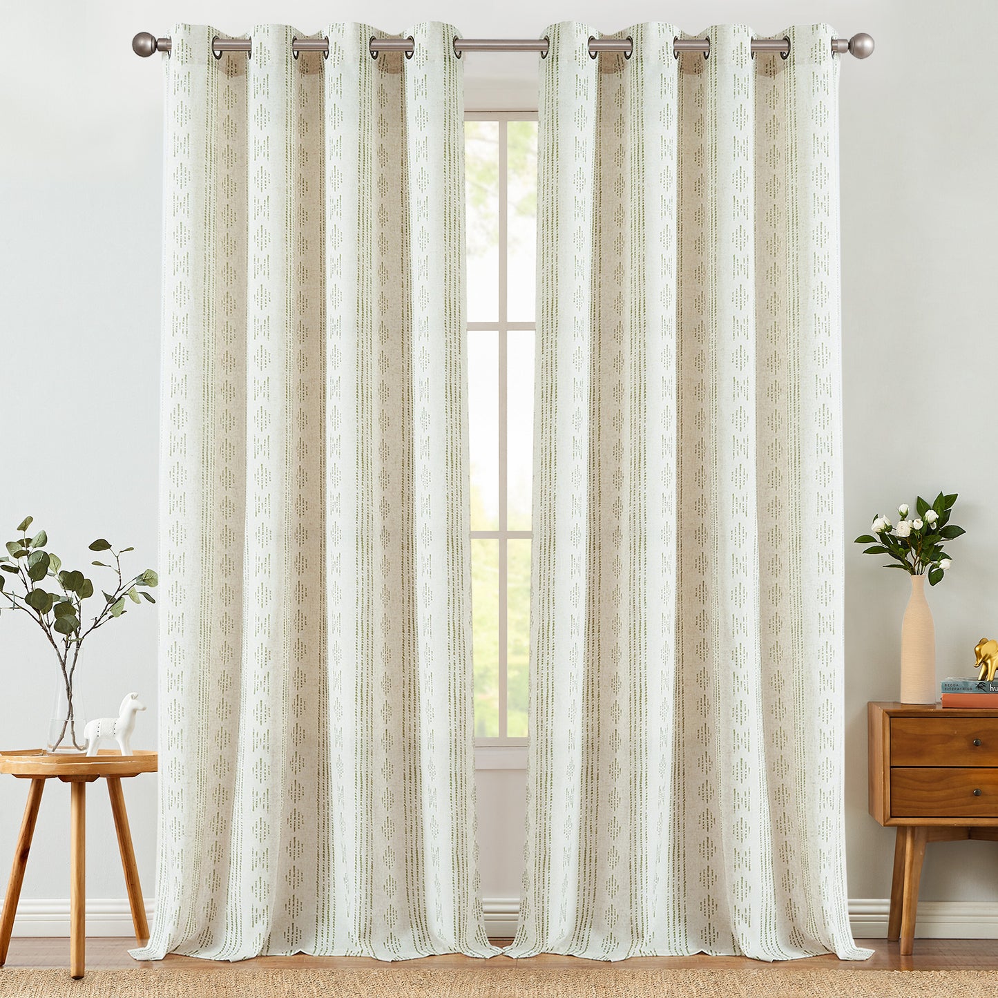 Curtainking Linen Blend Curtains Light Filtering Geometric Striped Boho Farmhouse Grommet Curtains for Living Room Pack of 2