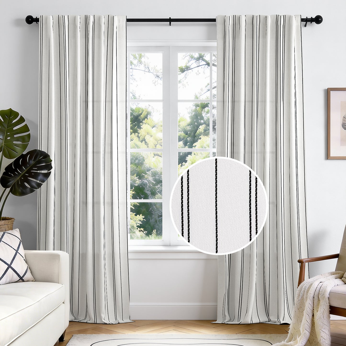 TOPICK White Curtains Striped Curtains for Living Room Bedroom Modern Pinstriped Light Filtering Back Tab Rod Pocket 2 Panels
