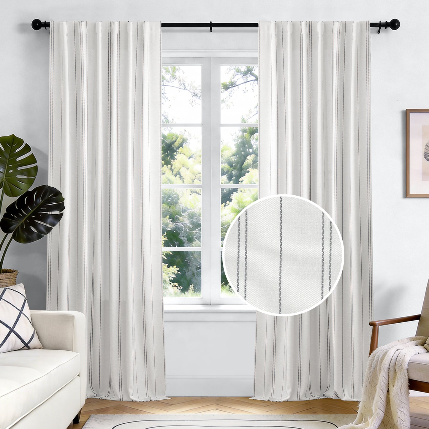 TOPICK White Curtains Striped Curtains for Living Room Bedroom Modern Pinstriped Light Filtering Back Tab Rod Pocket 2 Panels