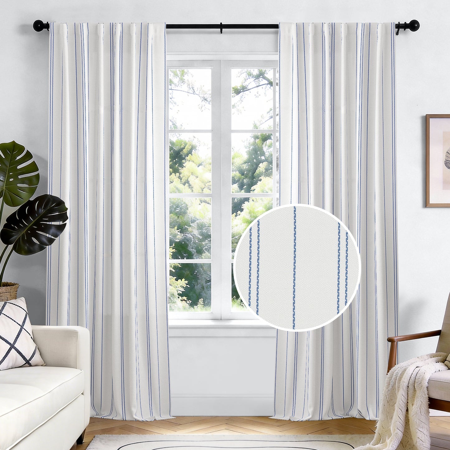 TOPICK White Curtains Striped Curtains for Living Room Bedroom Modern Pinstriped Light Filtering Back Tab Rod Pocket 2 Panels