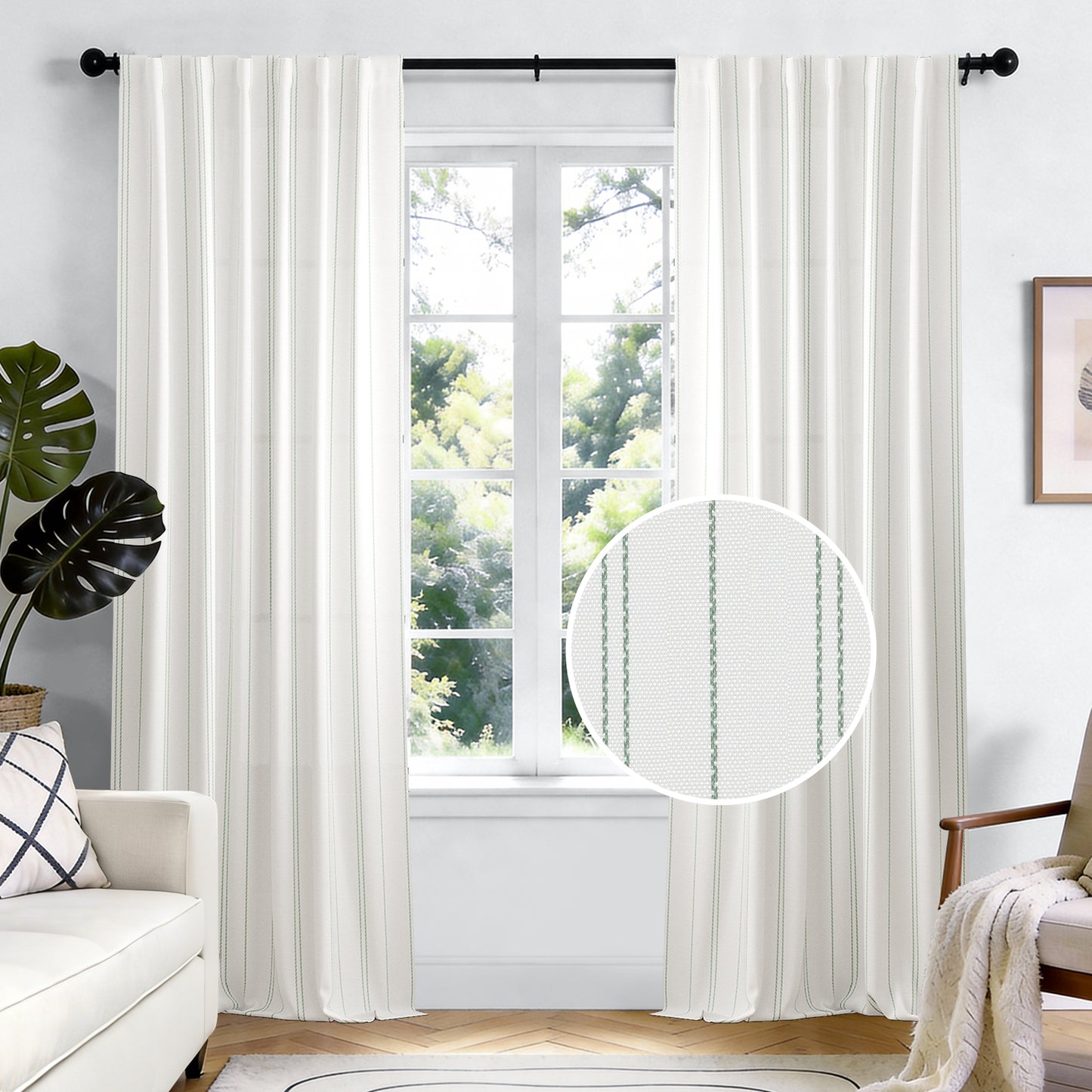 TOPICK White Curtains Striped Curtains for Living Room Bedroom Modern Pinstriped Light Filtering Back Tab Rod Pocket 2 Panels