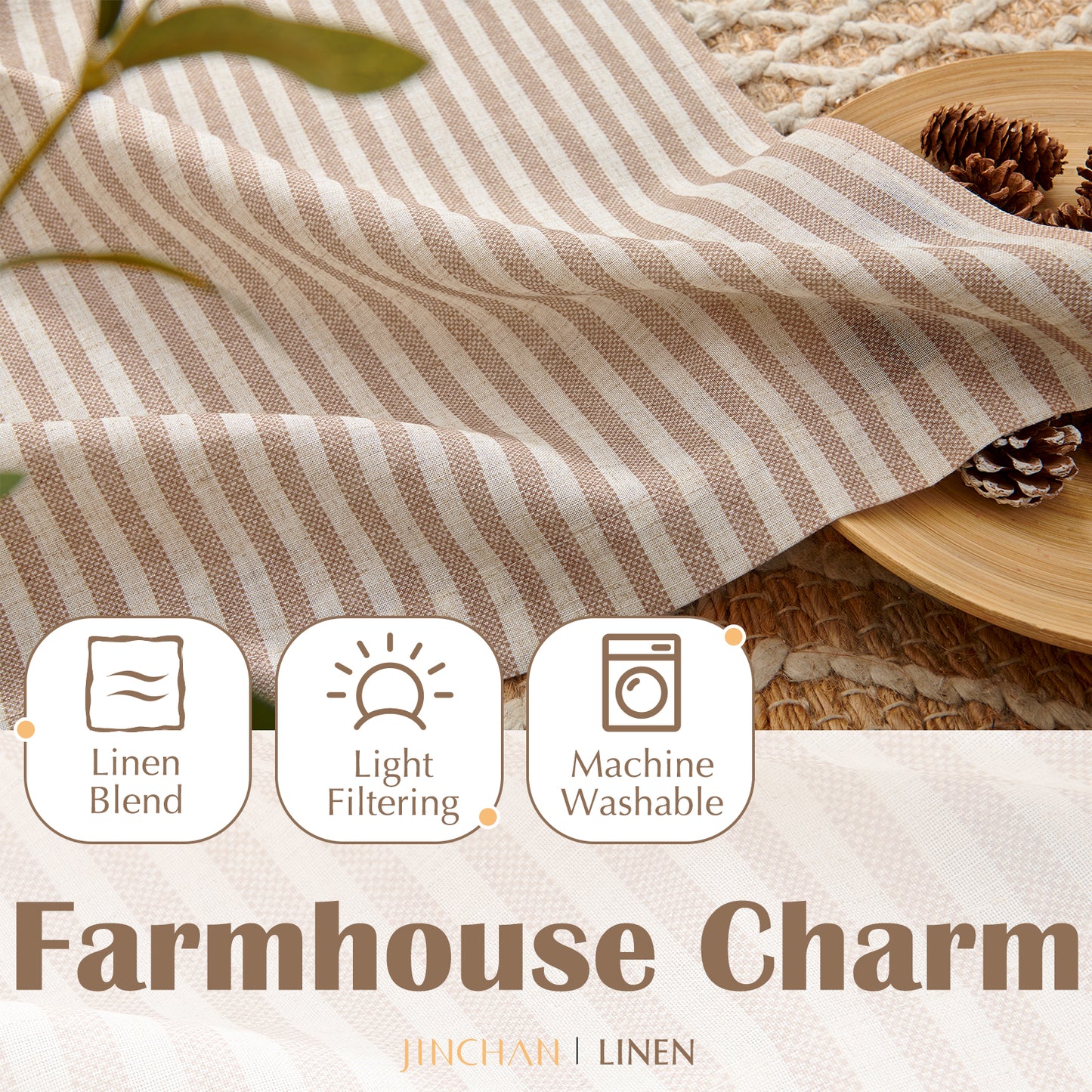 Curtainking Striped Kitchen Curtain Linen Cafe Curtains Semi-Sheer Rustic Farmhouse Tier Curtains Rod Pocket 2 Panels