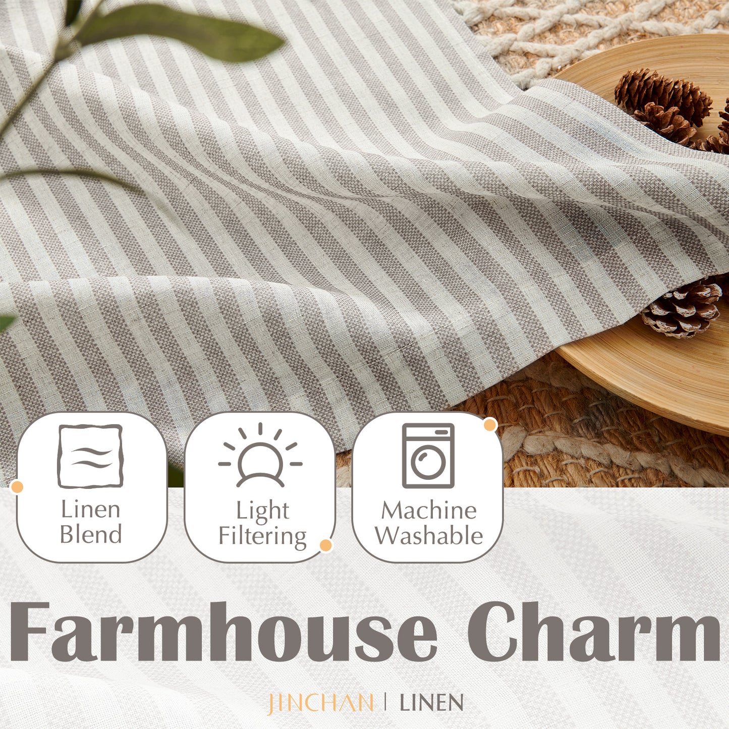 Curtainking Striped Kitchen Curtain Linen Cafe Curtains Semi-Sheer Rustic Farmhouse Tier Curtains Rod Pocket 2 Panels