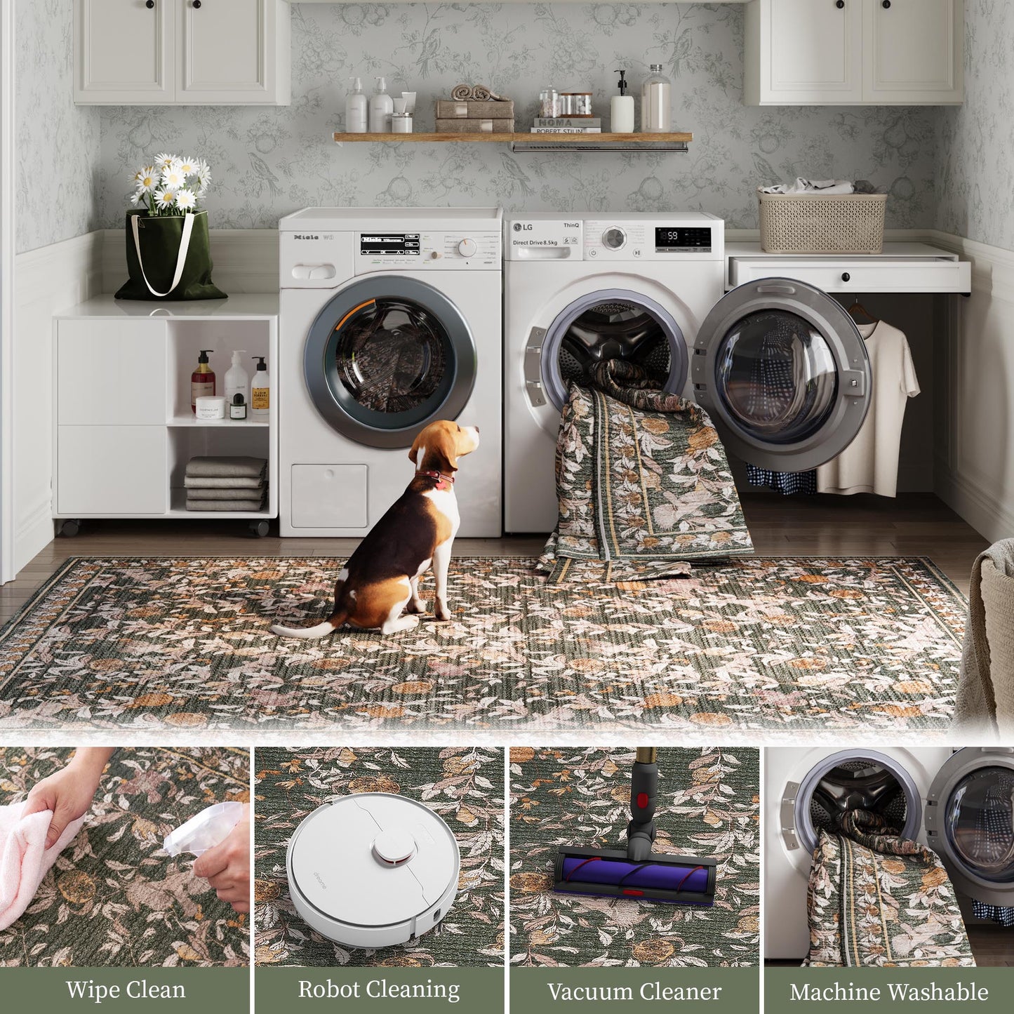JINCHAN Vintage Rugs For Doormat Retro Oriental Rug Floral Print Mat Thin Traditional Carpet For Kitchen Bathroom Hallway Orange/Green