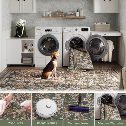 JINCHAN Vintage Rugs For Doormat Retro Oriental Rug Floral Print Mat Thin Traditional Carpet For Kitchen Bathroom Hallway Orange/Green