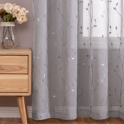 Curtainking Sheer Curtains Floral Embroidery Drapes Voile Light Filtering Window Curtain Set for Living Room Bedroom Grommet 2 Panels