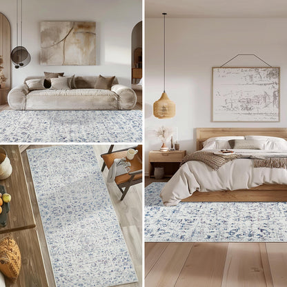 RUGKING Blue Vintage Area Rug Floral Carpet Distressed Mat, Foldable Non Slip Accent Rug for Kitchen Living Room