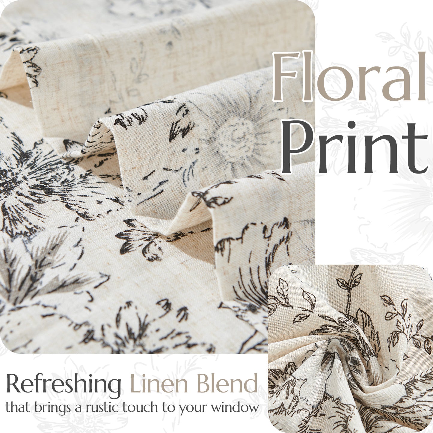 Curtainking Linen Kitchen Curtains Floral Cafe Curtains Farmhouse Cafe Curtains for Living Room 2 Panels