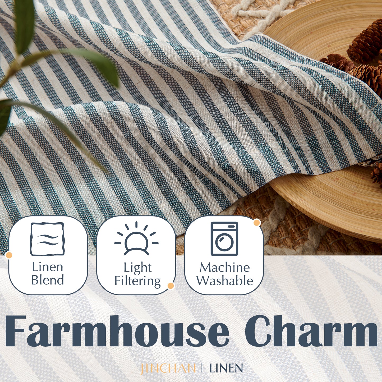 Curtainking Striped Kitchen Curtain Linen Cafe Curtains Semi-Sheer Rustic Farmhouse Tier Curtains Rod Pocket 2 Panels