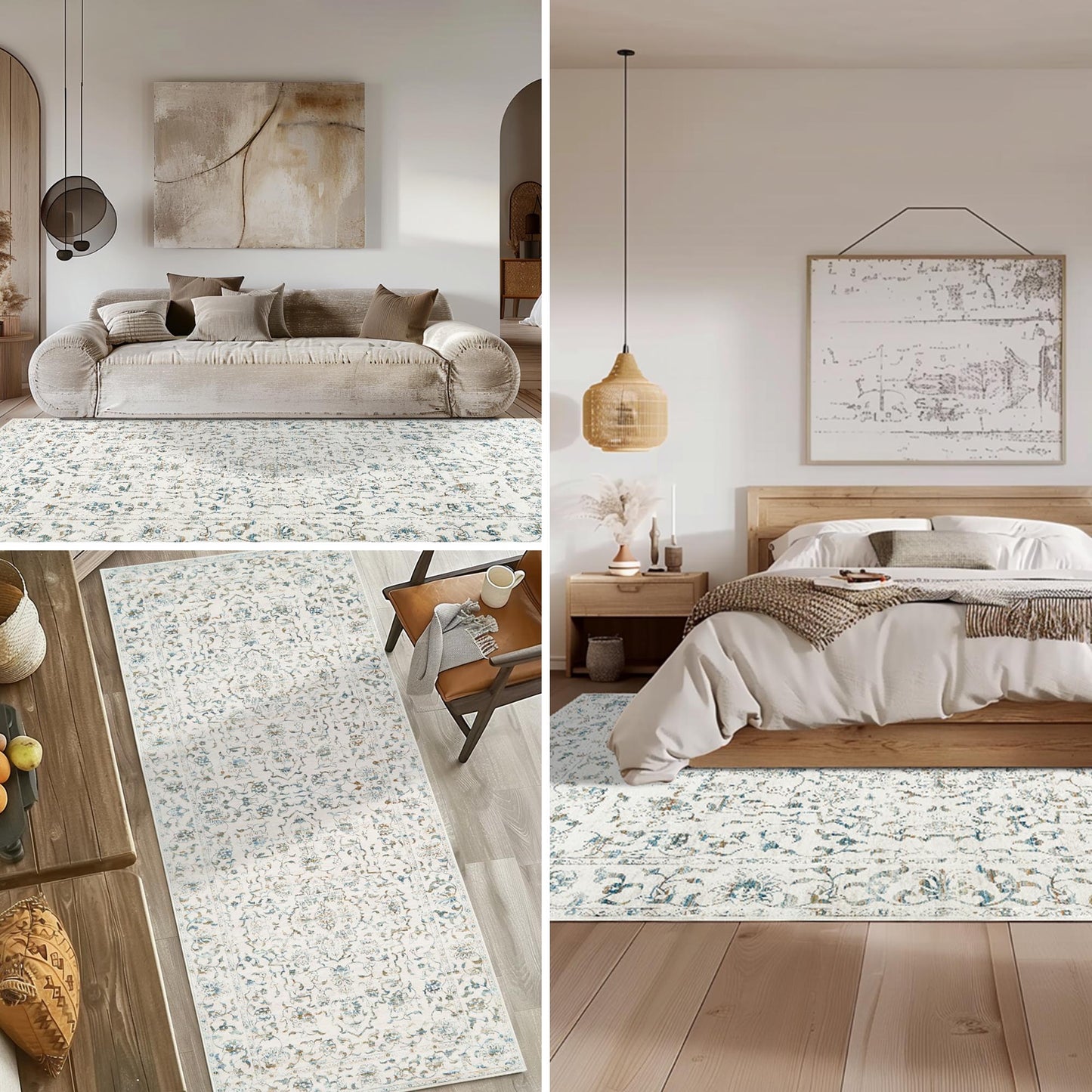 RUGKING Lake Blue Vintage Area Rug Floral Carpet Distressed Mat, Foldable Non Slip Accent Rug for Kitchen Living Room