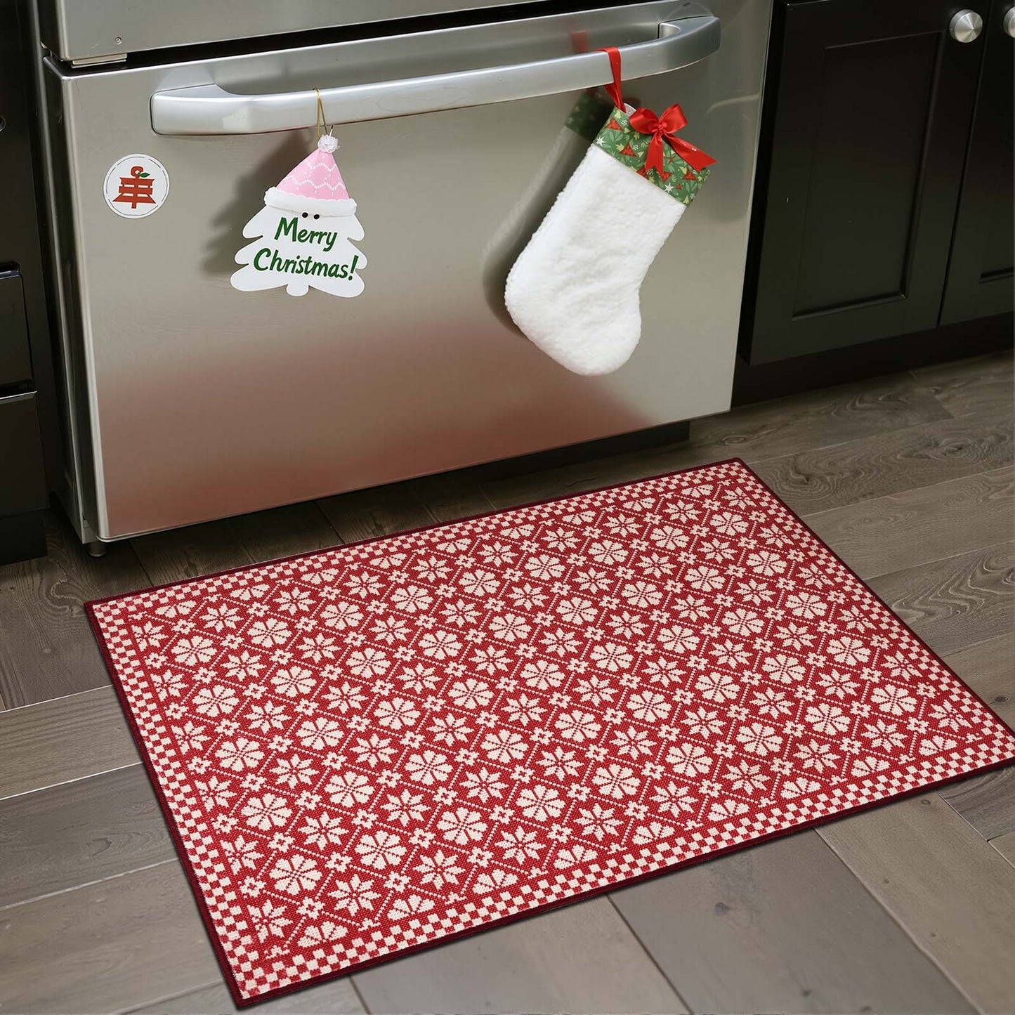 RUGKING Farmhouse Christmas Door Mat Snowflake Washable Rug for Entryway Kitchen Holiday Decor Red and Ivory