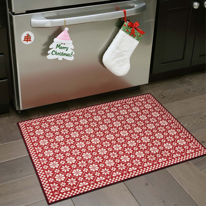 RUGKING Farmhouse Christmas Door Mat Snowflake Washable Rug for Entryway Kitchen Holiday Decor Red and Ivory