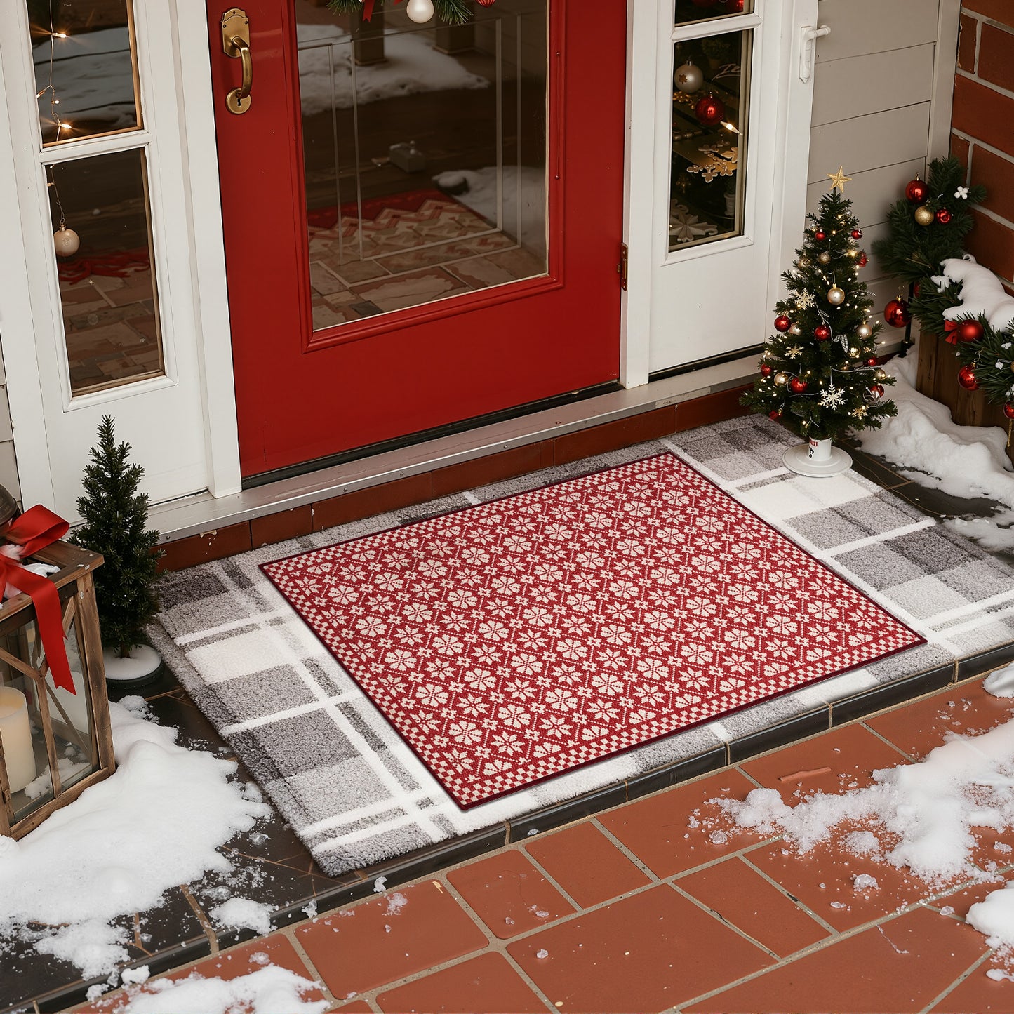 RUGKING Christmas Rug for Entryway Kitchen Knit Inspired Small Holiday Rug for Porch Bathroom Snowflake and Clover Printed Winter Xmas Decor Washable Doormat for Bedroom Non Slip