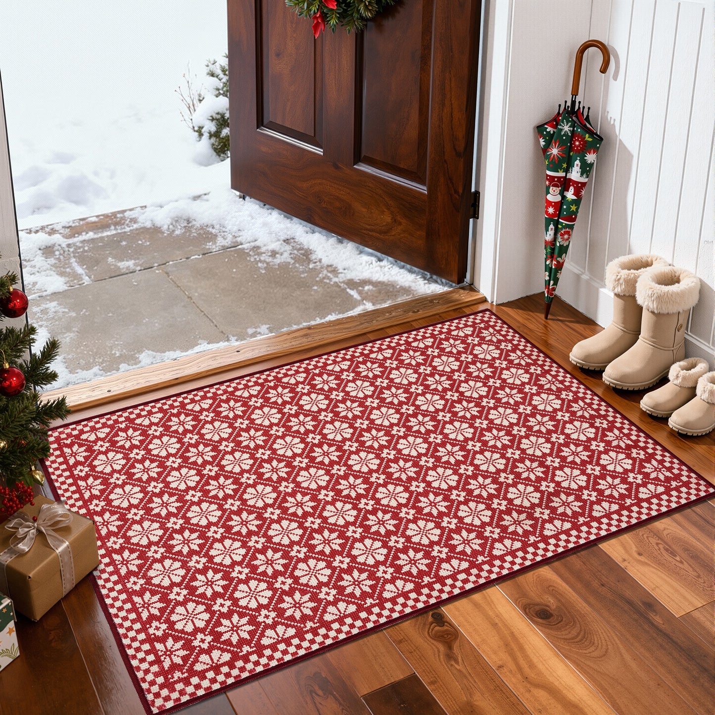 RUGKING Christmas Rug for Entryway Kitchen Knit Inspired Small Holiday Rug for Porch Bathroom Snowflake and Clover Printed Winter Xmas Decor Washable Doormat for Bedroom Non Slip