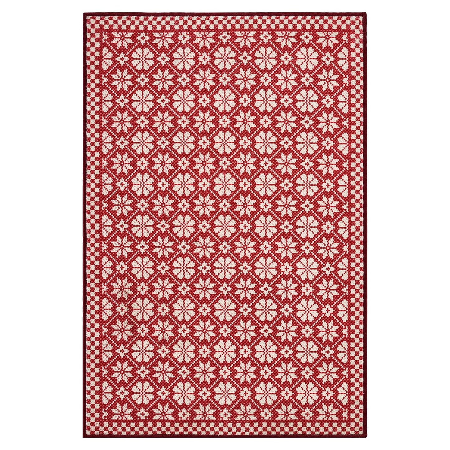 RUGKING Farmhouse Christmas Door Mat Snowflake Washable Rug for Entryway Kitchen Holiday Decor Red and Ivory