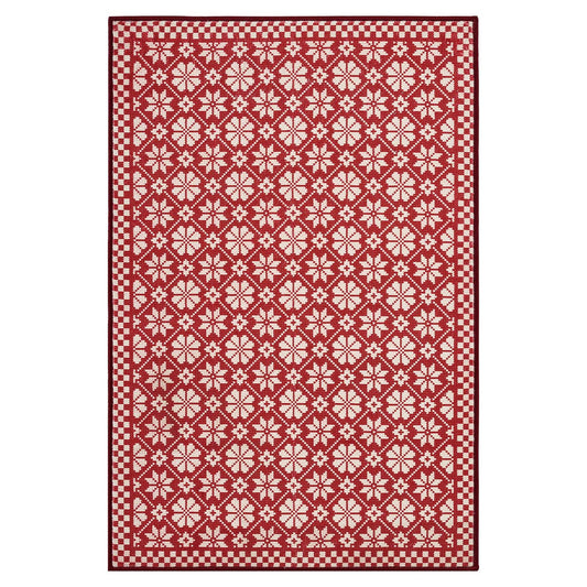 RUGKING Farmhouse Christmas Door Mat Snowflake Washable Rug for Entryway Kitchen Holiday Decor Red and Ivory