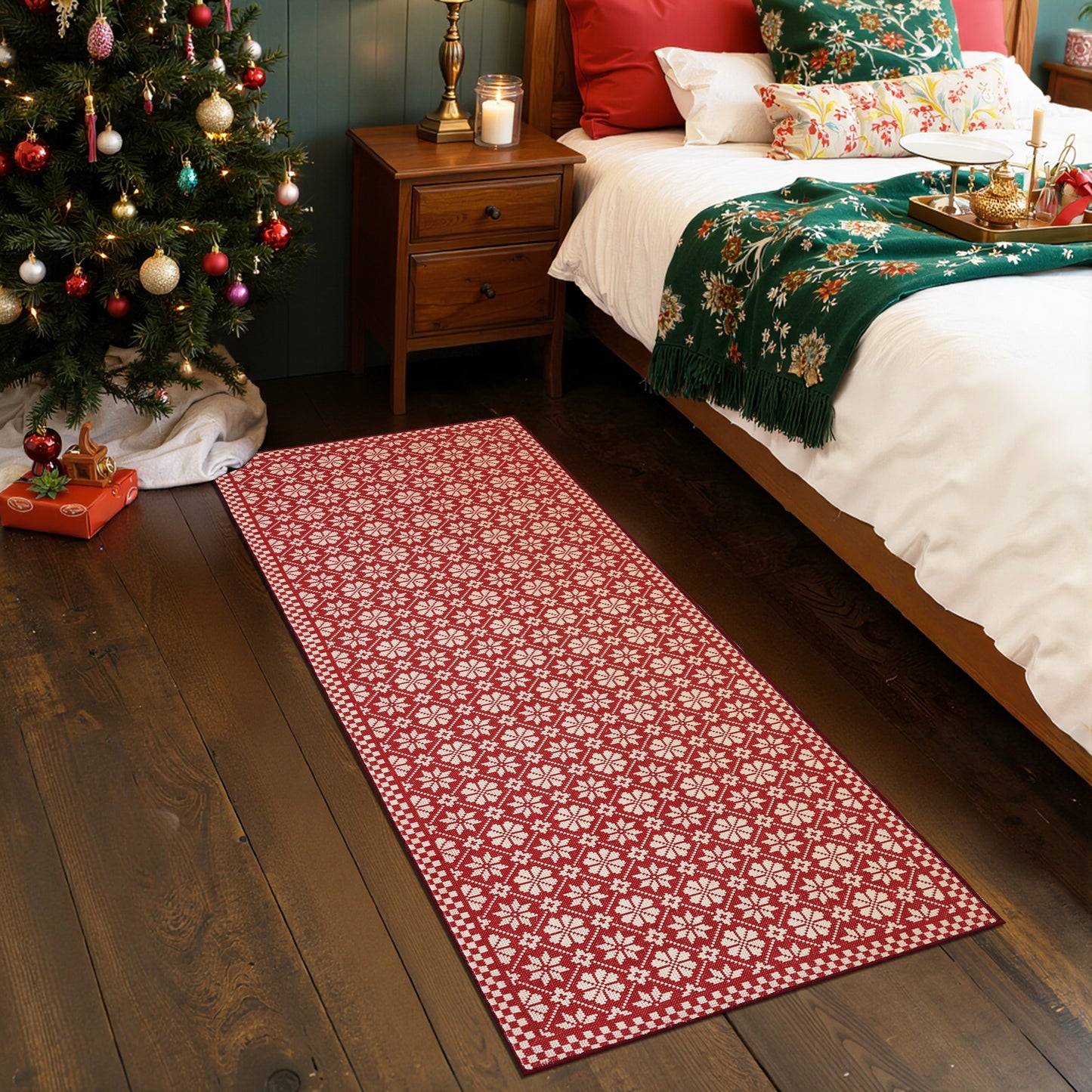 RUGKING Christmas Rug for Entryway Kitchen Knit Inspired Small Holiday Rug for Porch Bathroom Snowflake and Clover Printed Winter Xmas Decor Washable Doormat for Bedroom Non Slip