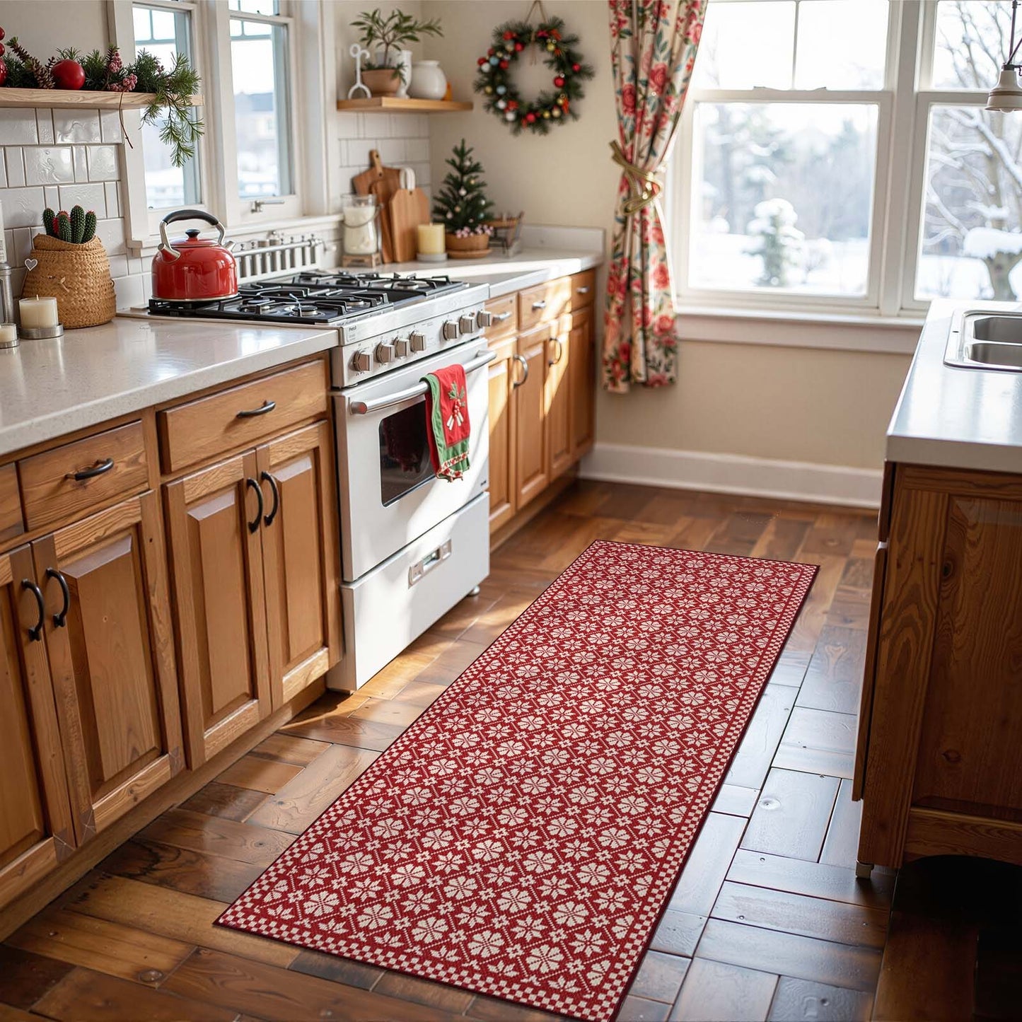 RUGKING Christmas Rug for Entryway Kitchen Knit Inspired Small Holiday Rug for Porch Bathroom Snowflake and Clover Printed Winter Xmas Decor Washable Doormat for Bedroom Non Slip