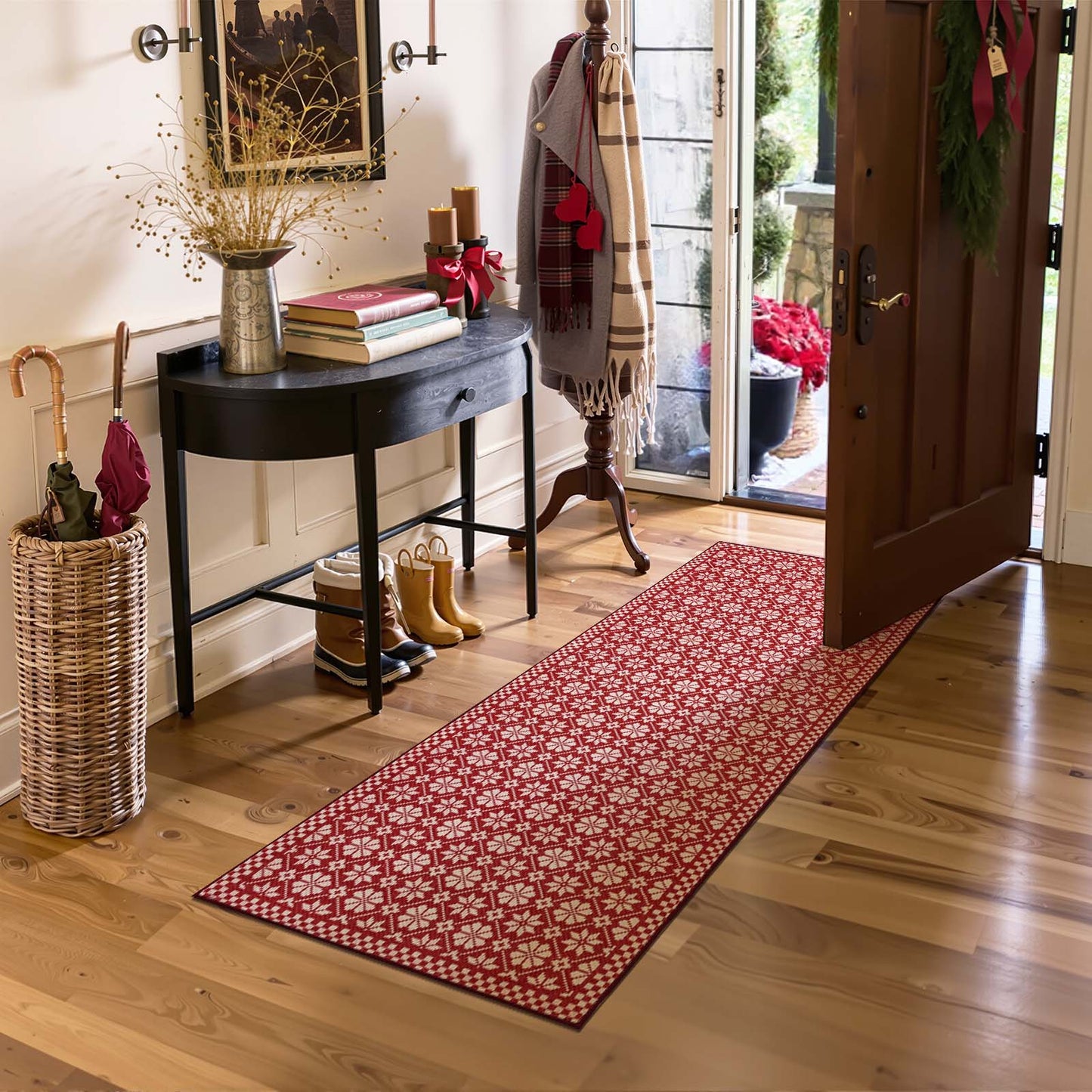 RUGKING Christmas Rug for Entryway Kitchen Knit Inspired Small Holiday Rug for Porch Bathroom Snowflake and Clover Printed Winter Xmas Decor Washable Doormat for Bedroom Non Slip