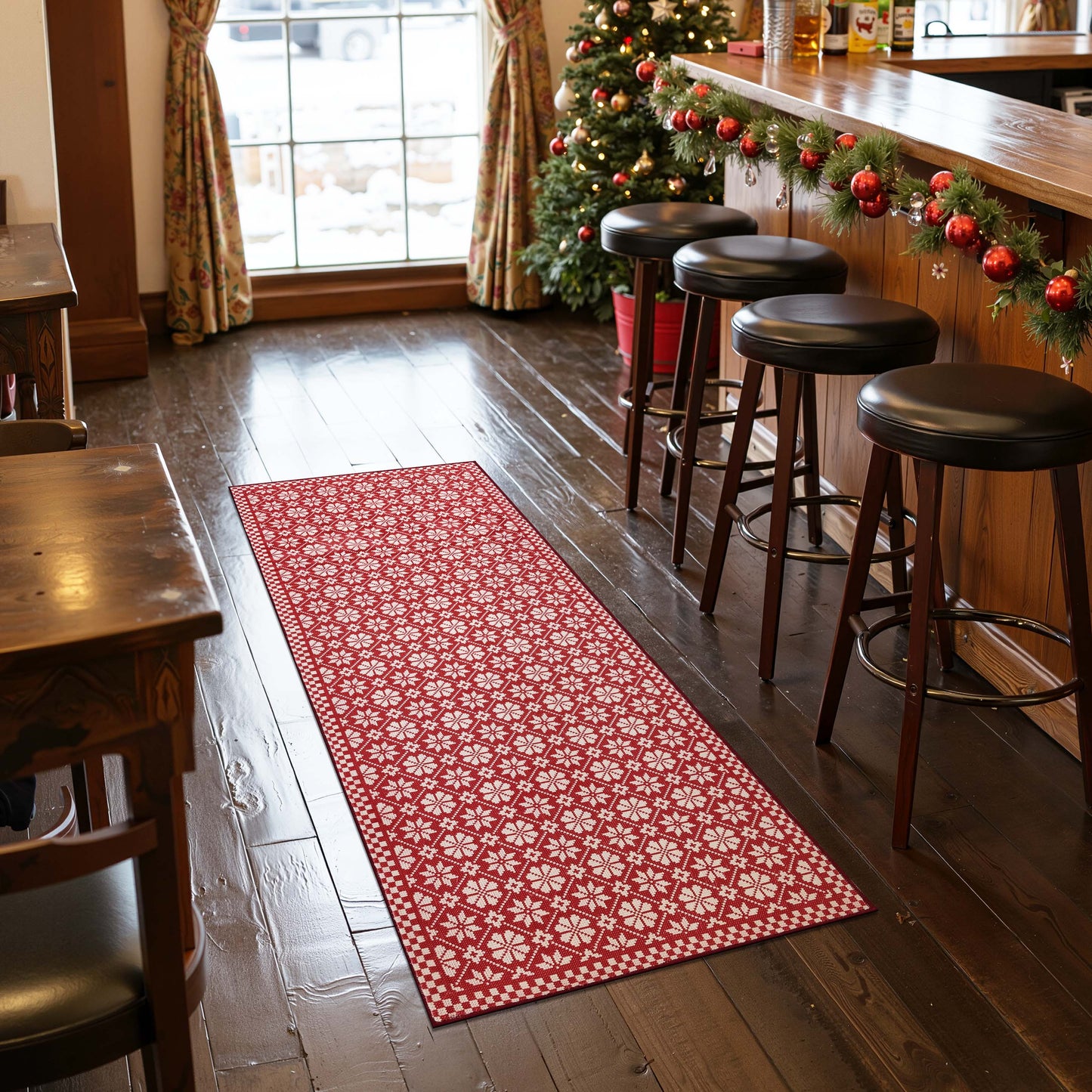 RUGKING Christmas Rug for Entryway Kitchen Knit Inspired Small Holiday Rug for Porch Bathroom Snowflake and Clover Printed Winter Xmas Decor Washable Doormat for Bedroom Non Slip