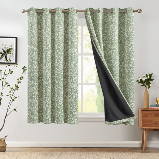 Curtainking 100% Blackout Curtains for Bedroom Scroll Floral Window Curtains Grommet Thermal Insulated Drapes for Living Room Farmhouse Vintage Window Treatments Set 2 Panels