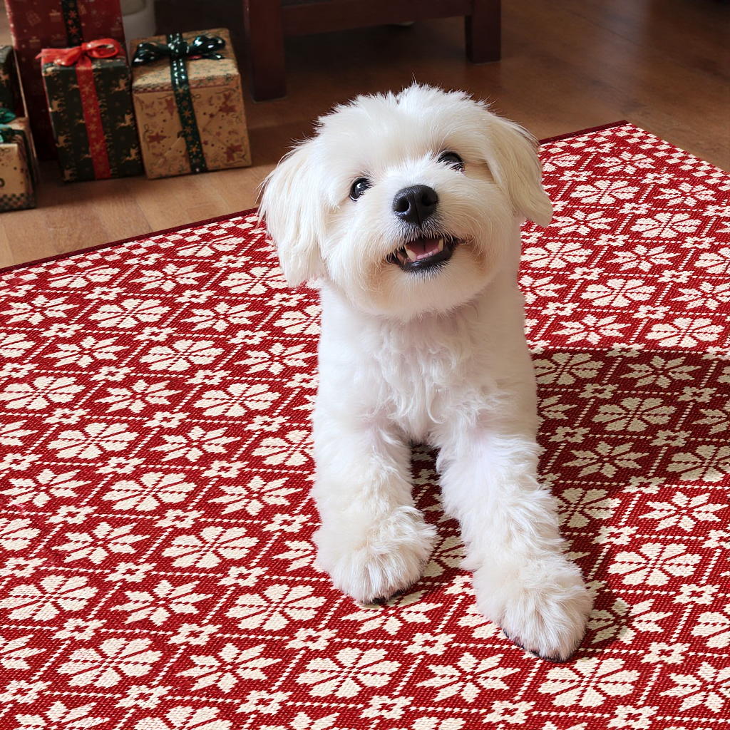 RUGKING Farmhouse Christmas Door Mat Snowflake Washable Rug for Entryway Kitchen Holiday Decor Red and Ivory