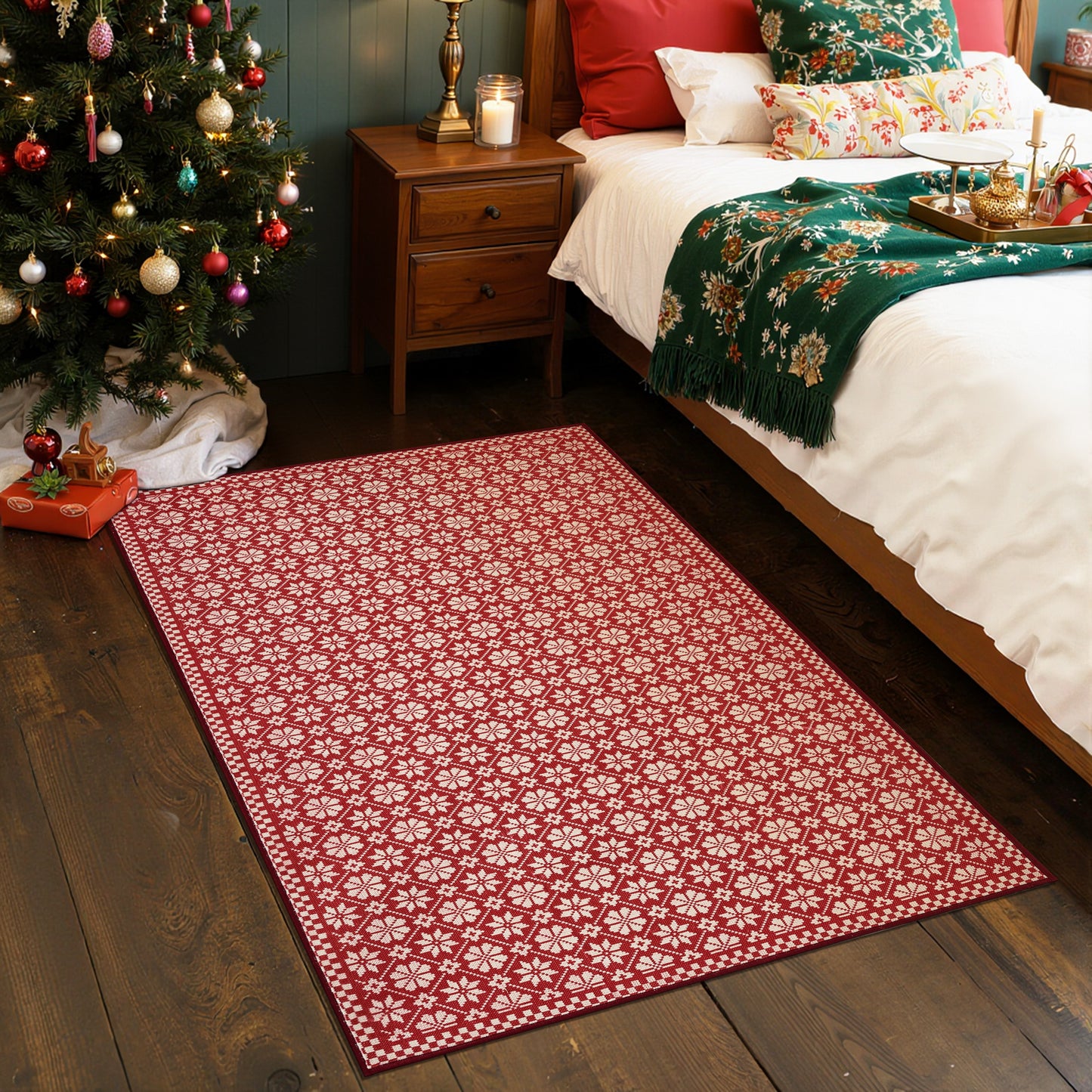 RUGKING Farmhouse Christmas Door Mat Snowflake Washable Rug for Entryway Kitchen Holiday Decor Red and Ivory