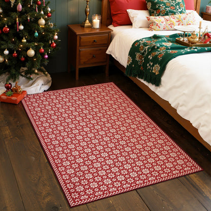 RUGKING Farmhouse Christmas Door Mat Snowflake Washable Rug for Entryway Kitchen Holiday Decor Red and Ivory