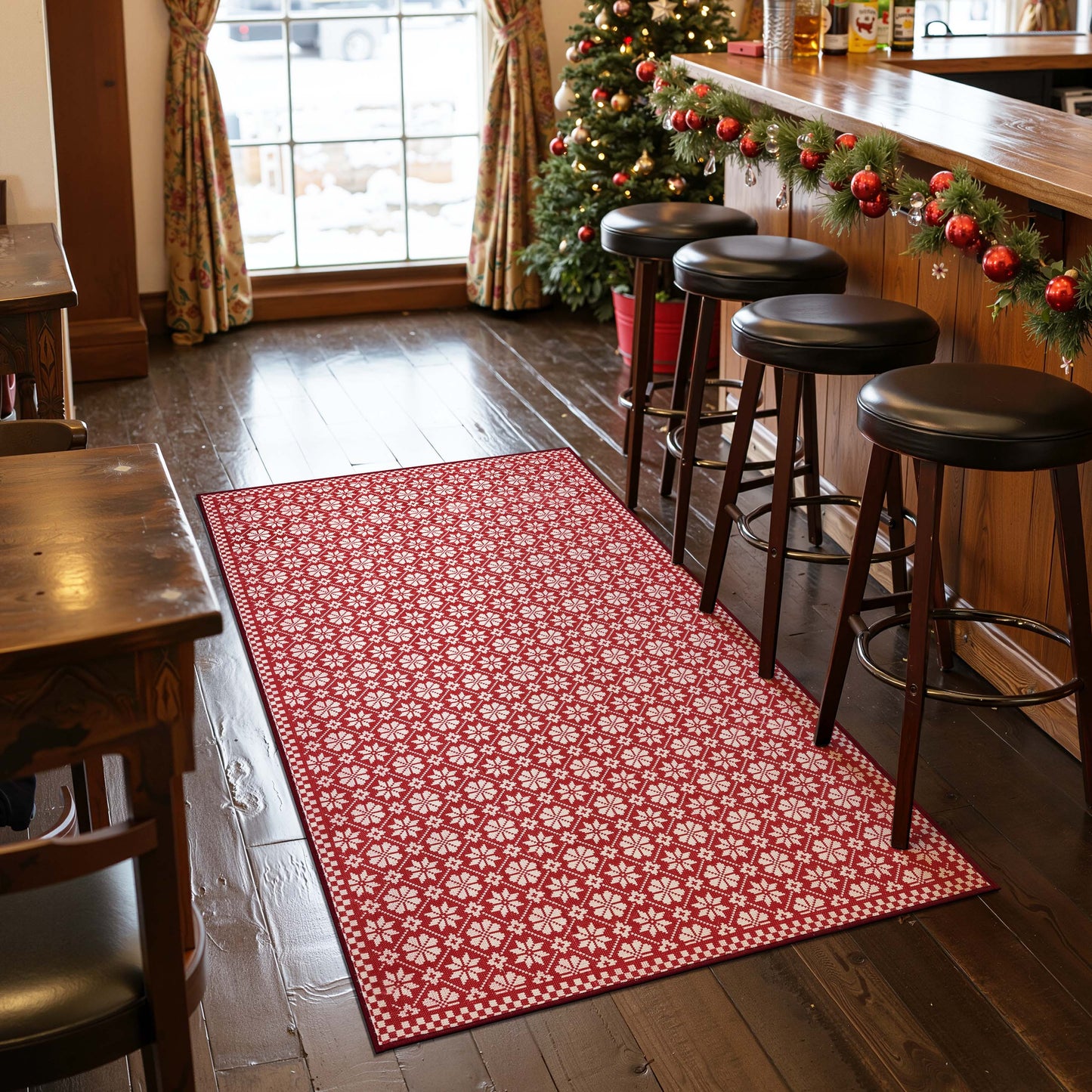 RUGKING Christmas Rug for Entryway Kitchen Knit Inspired Small Holiday Rug for Porch Bathroom Snowflake and Clover Printed Winter Xmas Decor Washable Doormat for Bedroom Non Slip