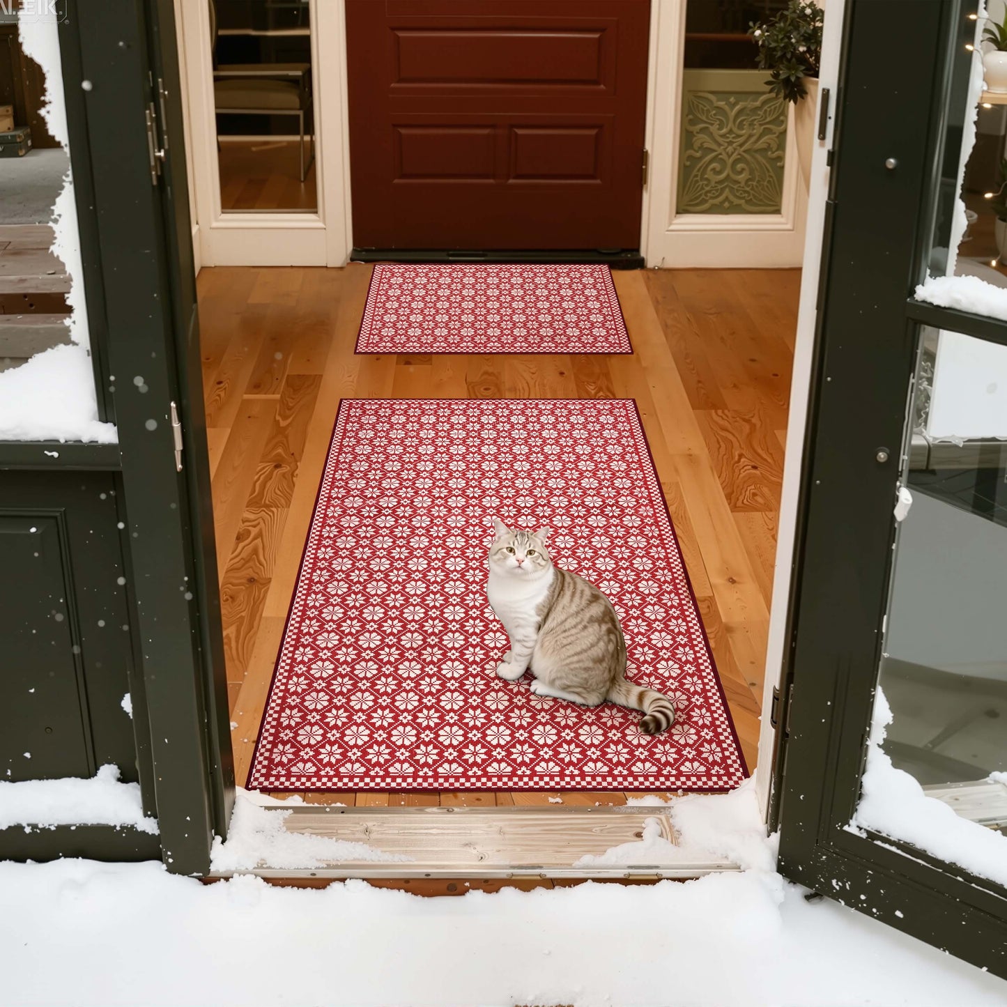 RUGKING Christmas Rug for Entryway Kitchen Knit Inspired Small Holiday Rug for Porch Bathroom Snowflake and Clover Printed Winter Xmas Decor Washable Doormat for Bedroom Non Slip