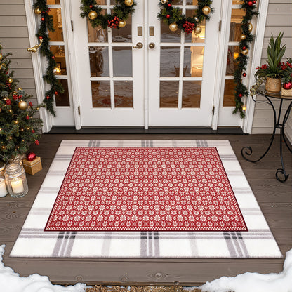 RUGKING Christmas Rug for Entryway Kitchen Knit Inspired Small Holiday Rug for Porch Bathroom Snowflake and Clover Printed Winter Xmas Decor Washable Doormat for Bedroom Non Slip