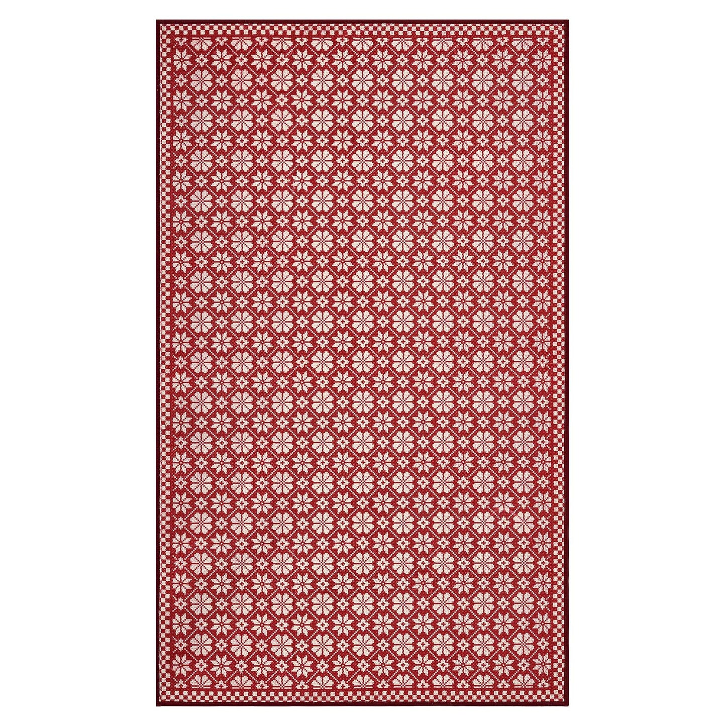 RUGKING Farmhouse Christmas Door Mat Snowflake Washable Rug for Entryway Kitchen Holiday Decor Red and Ivory