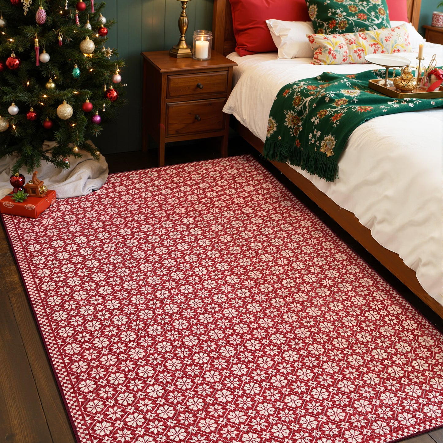 RUGKING Christmas Rug for Entryway Kitchen Knit Inspired Small Holiday Rug for Porch Bathroom Snowflake and Clover Printed Winter Xmas Decor Washable Doormat for Bedroom Non Slip