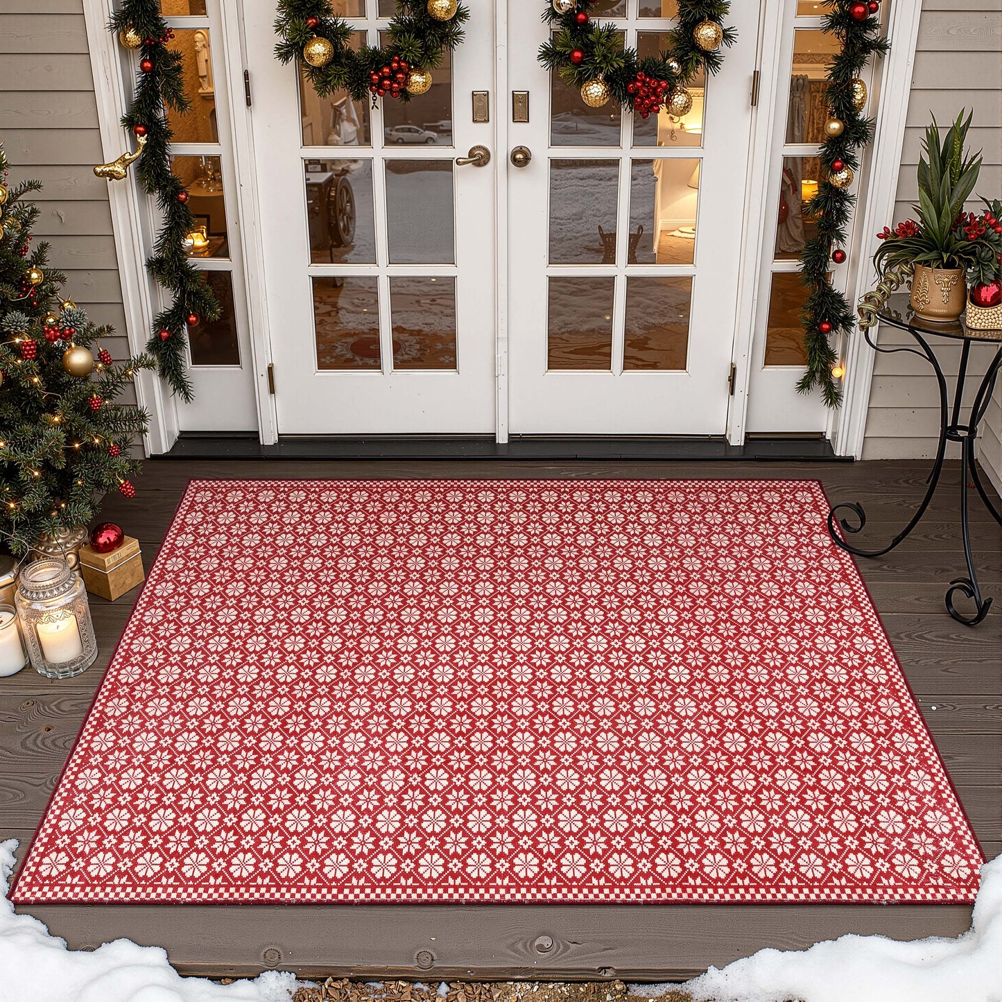 RUGKING Christmas Rug for Entryway Kitchen Knit Inspired Small Holiday Rug for Porch Bathroom Snowflake and Clover Printed Winter Xmas Decor Washable Doormat for Bedroom Non Slip