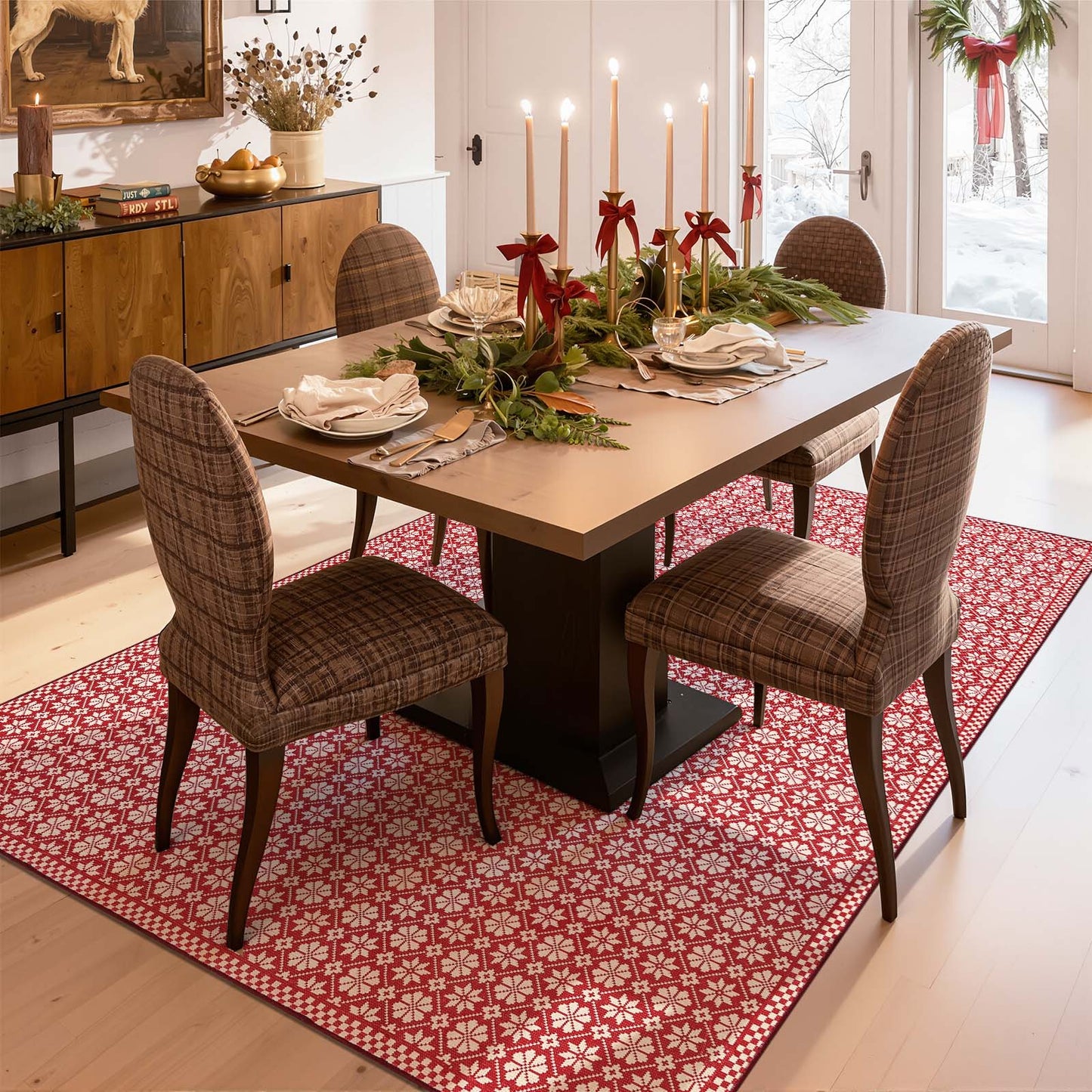 RUGKING Farmhouse Christmas Door Mat Snowflake Washable Rug for Entryway Kitchen Holiday Decor Red and Ivory