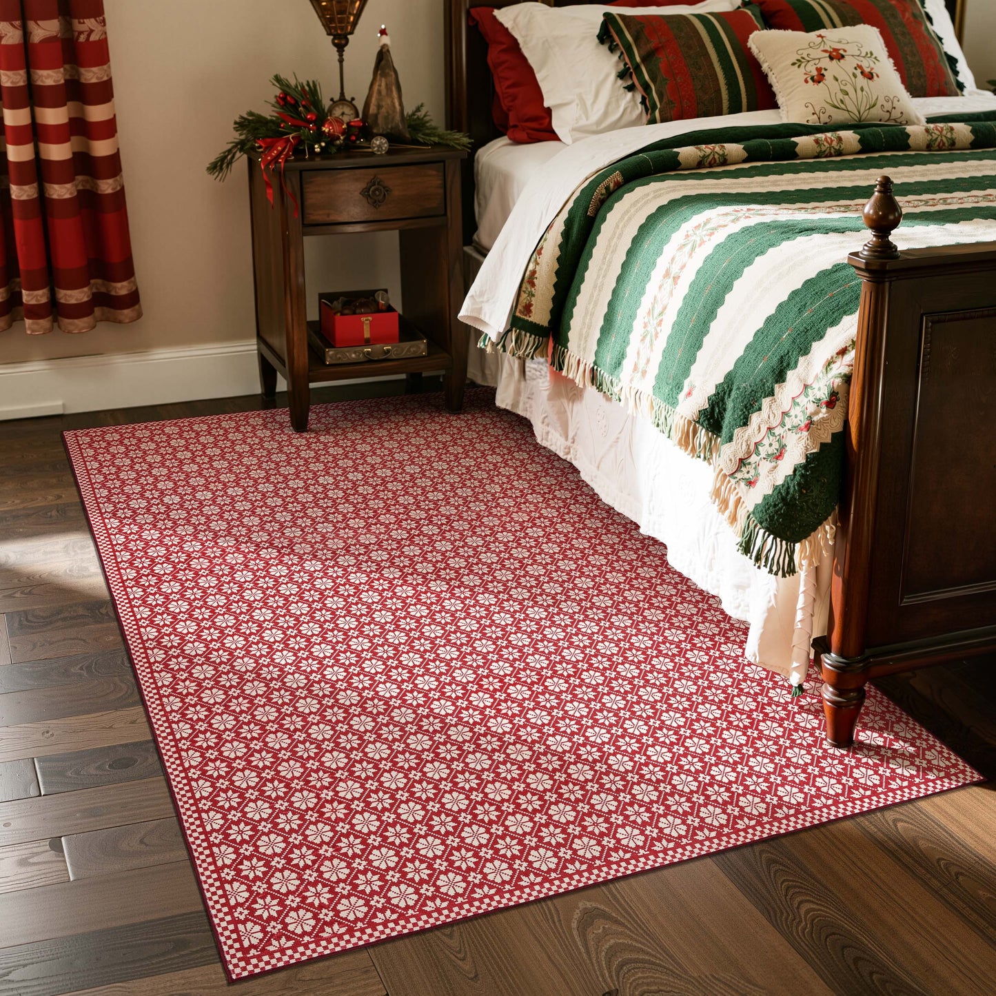 RUGKING Christmas Rug for Entryway Kitchen Knit Inspired Small Holiday Rug for Porch Bathroom Snowflake and Clover Printed Winter Xmas Decor Washable Doormat for Bedroom Non Slip