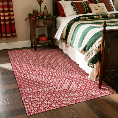 RUGKING Christmas Rug for Entryway Kitchen Knit Inspired Small Holiday Rug for Porch Bathroom Snowflake and Clover Printed Winter Xmas Decor Washable Doormat for Bedroom Non Slip