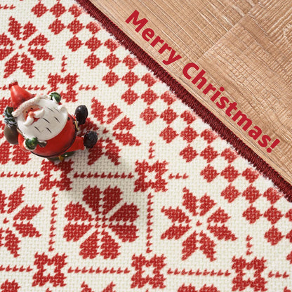 RUGKING Farmhouse Christmas Door Mat Snowflake Washable Rug for Entryway Kitchen Holiday Decor Red and Ivory