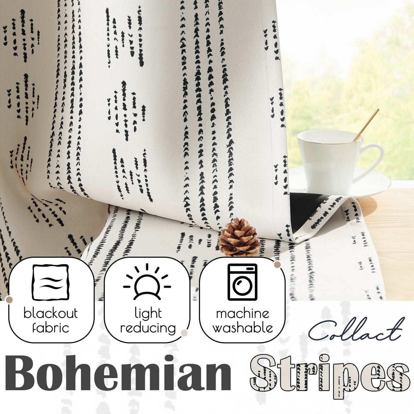 Curtainking Blackout Curtains for Livingroom Bedroom Farmhouse Boho Curtains Geometric Striped Grommet Room Darkening Thermal Insulated Window Drapes 2 Panels