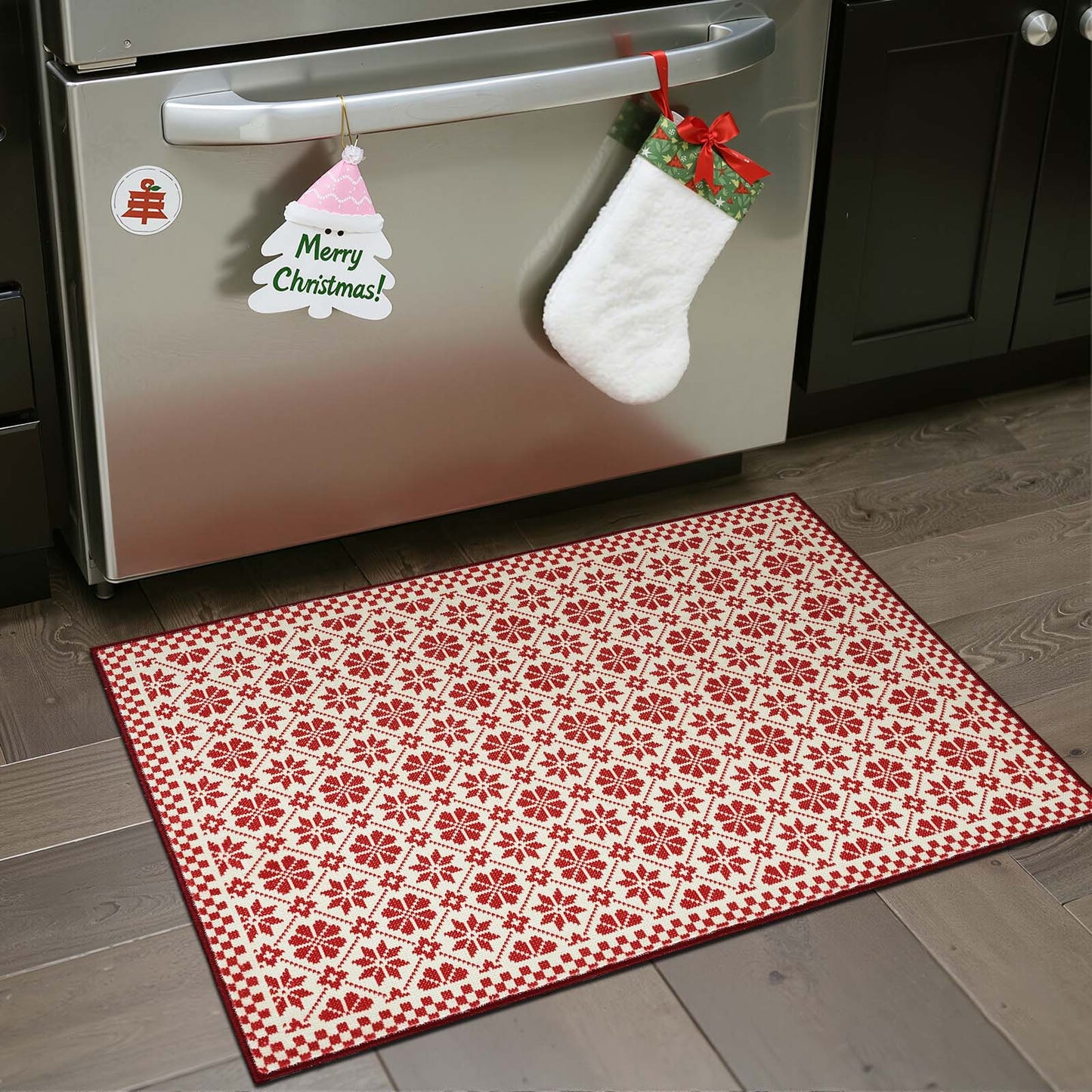 RUGKING Farmhouse Christmas Door Mat Snowflake Washable Rug for Entryway Kitchen Holiday Decor Red and Ivory