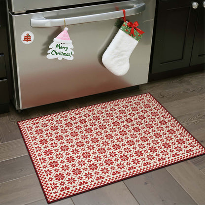 RUGKING Farmhouse Christmas Door Mat Snowflake Washable Rug for Entryway Kitchen Holiday Decor Red and Ivory