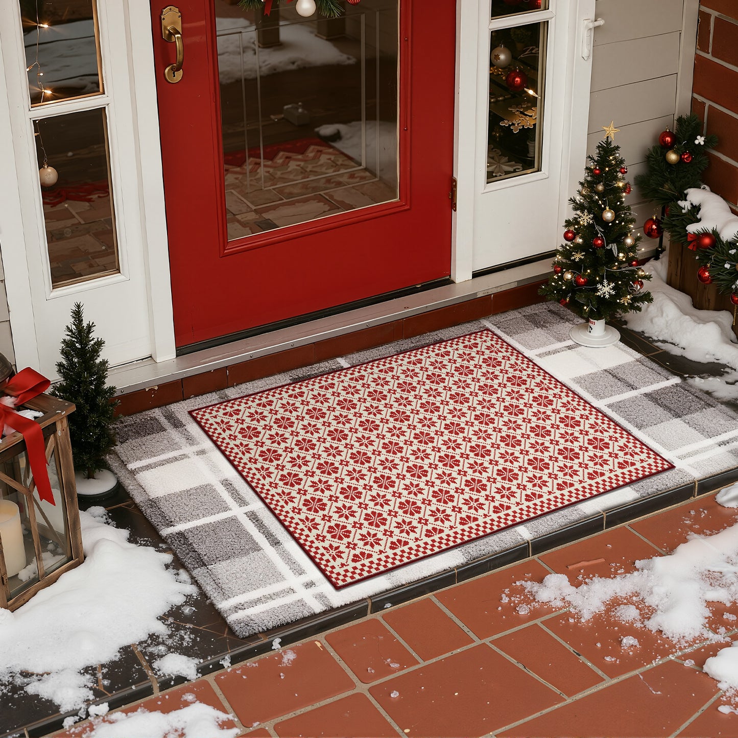 RUGKING Christmas Rug for Entryway Kitchen Knit Inspired Small Holiday Rug for Porch Bathroom Snowflake and Clover Printed Winter Xmas Decor Washable Doormat for Bedroom Non Slip