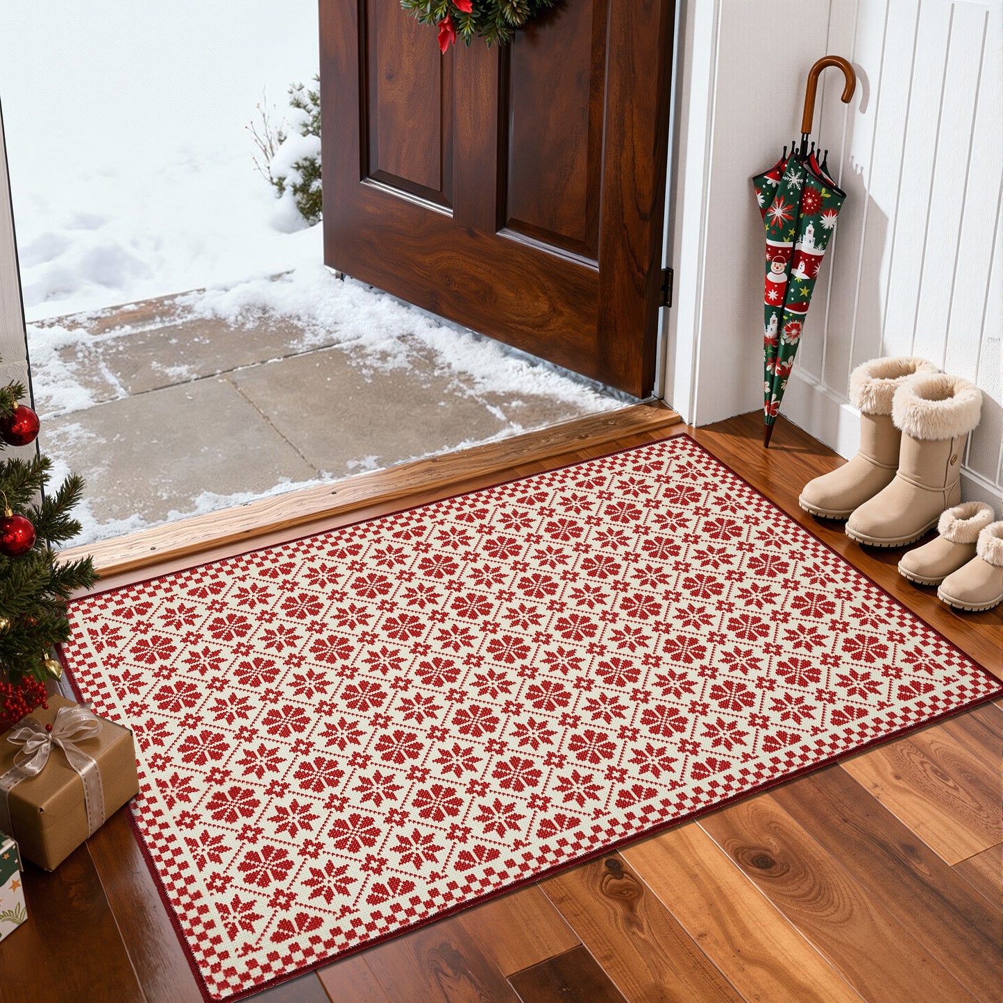 RUGKING Christmas Rug for Entryway Kitchen Knit Inspired Small Holiday Rug for Porch Bathroom Snowflake and Clover Printed Winter Xmas Decor Washable Doormat for Bedroom Non Slip