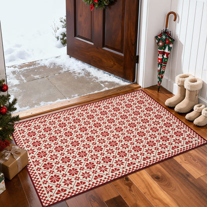 RUGKING Christmas Rug for Entryway Kitchen Knit Inspired Small Holiday Rug for Porch Bathroom Snowflake and Clover Printed Winter Xmas Decor Washable Doormat for Bedroom Non Slip